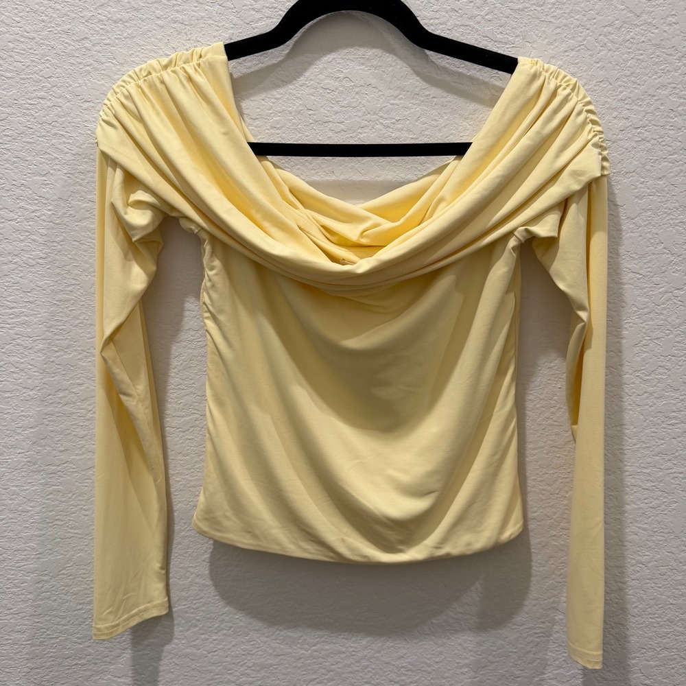 Meshki Womens Butter Yellow Off The Shoulder Draped Ruched Long Sleeve Top NWT L